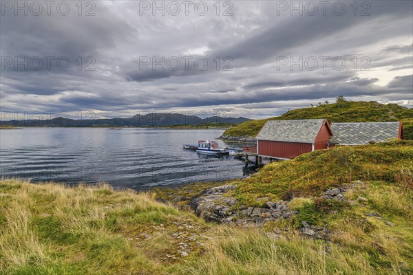 Boathouse on the Atlantic Road, cloudy mood, Atlanterhavsveien, More og Romsdal, Norway, Europe