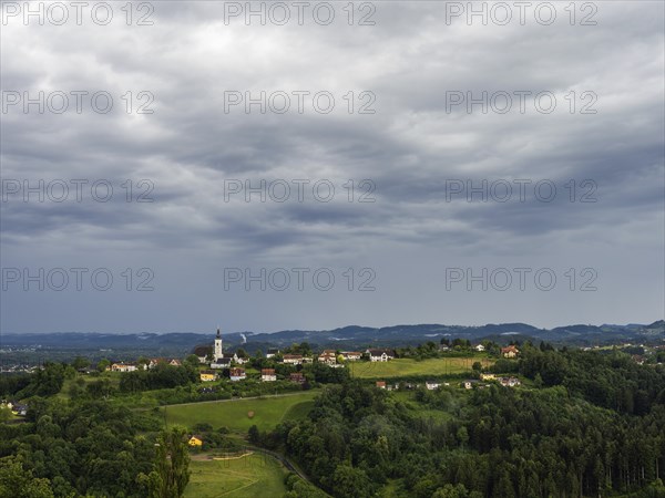 Thunderclouds over Frauenberg pilgrimage church, near Leibnitz, Styria, Austria, Europe