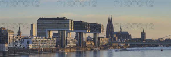 Panorama from the south bridge, Rheinau harbour with crane houses, cathedral and Severinsbrücke,