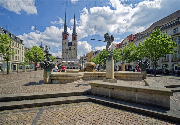 Gobel Fountain by sculptor Bernd Gobel and Marktkirche Unser Lieben Frauen, Hallmarkt, Halle an der
