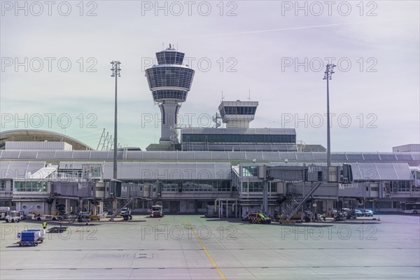Munich international airport control tower and terminal modern buildings