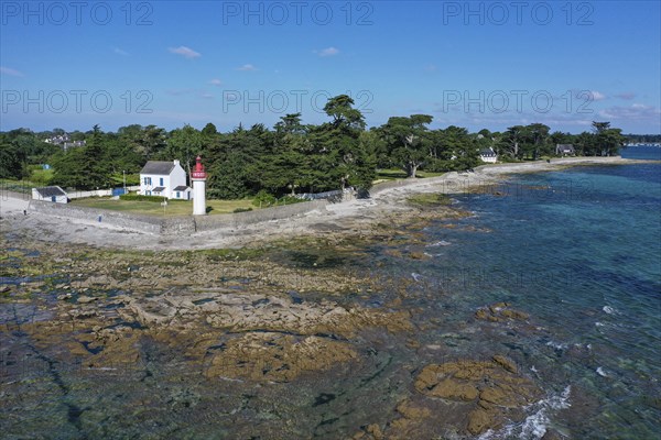 Aerial view Leucthturm Phare de Langoz, coast of Loctudy, department Finistere Penn ar Bed, region