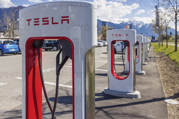 Tesla Superchargers on a parking lot