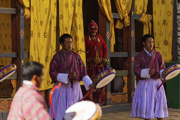 Monks danzing for the Tsechu at Trongsa Dzong