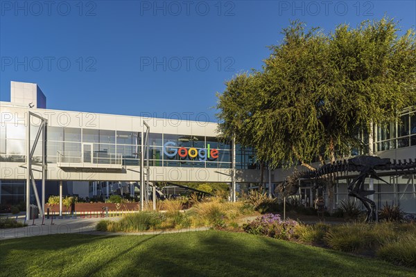 Exterior scene at the Googleplex, the corporate headquarters complex of Google and its parent