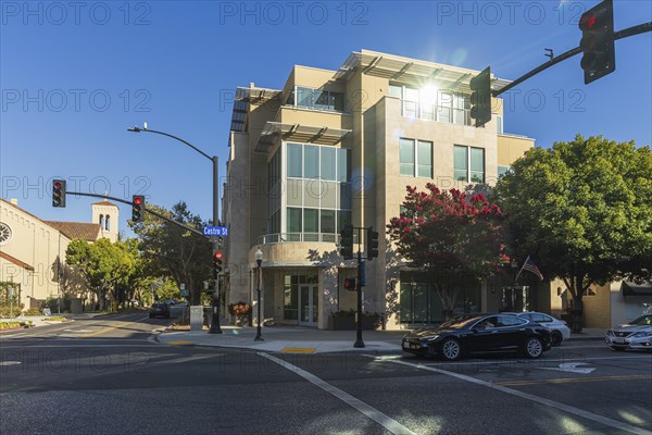 Castro Street in downtown Mountain View, California, USA. Evening sunshine