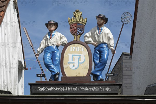 Statues, Kalle, Krischan, monument, fish smokehouse, Eckernforde, Schleswig-Holstein, Germany,