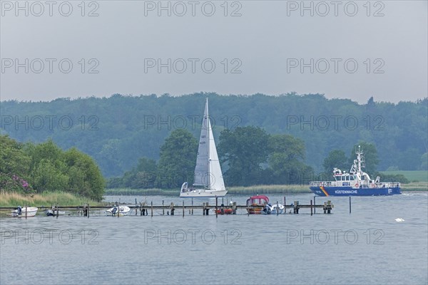 Jetty, sailing boat, coastguard boat, Ellenberg, Kappeln, Schlei, Schleswig-Holstein, Germany,