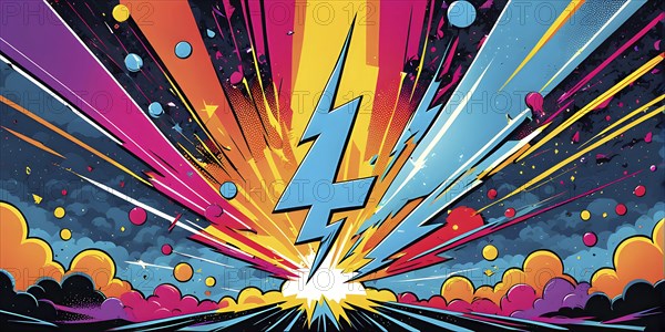 Abstract pop art comic illustration in vibrant colors with thunderbolt crackling across the canvas,