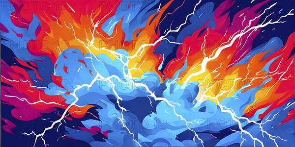 Abstract pop art comic illustration in vibrant colors with thunderbolt crackling across the canvas,