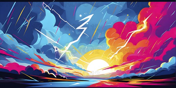 Abstract pop art comic illustration in vibrant colors with thunderbolt crackling across the canvas,