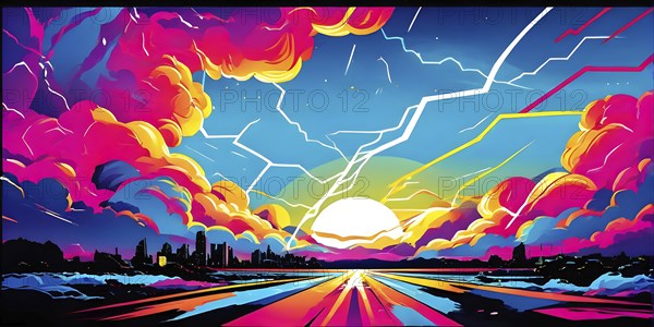 Abstract pop art comic illustration in vibrant colors with thunderbolt crackling across the canvas,