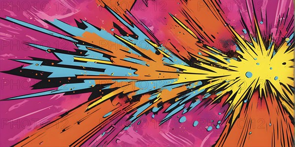 Abstract pop art comic illustration in vibrant colors with thunderbolt crackling across the canvas,