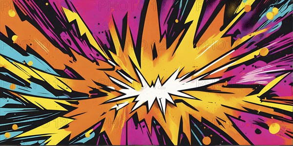 Abstract pop art comic illustration in vibrant colors with thunderbolt crackling across the canvas,