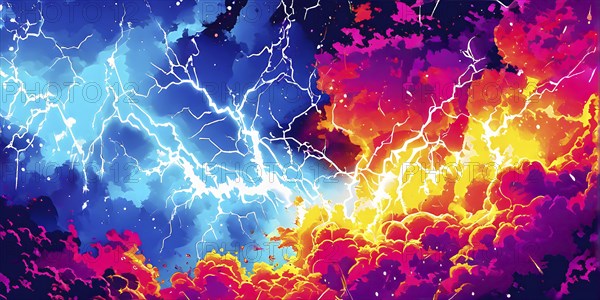 Abstract pop art comic illustration in vibrant colors with thunderbolt crackling across the canvas,