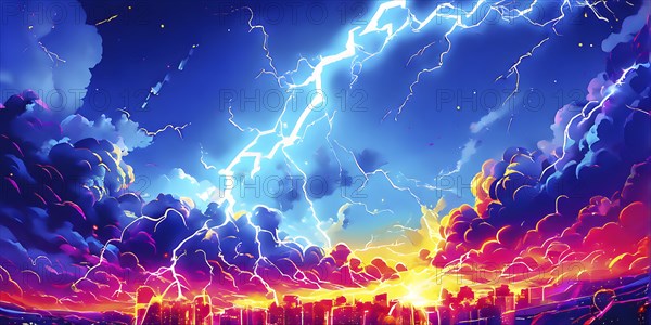 Abstract pop art comic illustration in vibrant colors with thunderbolt crackling across the canvas,
