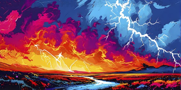 Abstract pop art comic illustration in vibrant colors with thunderbolt crackling across the canvas,
