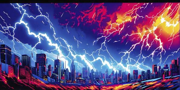 Abstract pop art comic illustration in vibrant colors with thunderbolt crackling across the canvas,