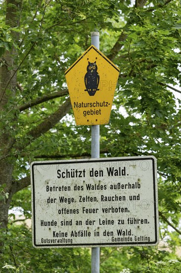 Nature reserve, sign, tree, Geltinger Birk, Geltinger Bucht, Nieby, Schleswig-Holstein, Germany,