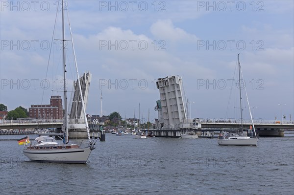 Open bascule bridge, sailing boats, Kappeln, Schlei, Schleswig-Holstein, Germany, Europe