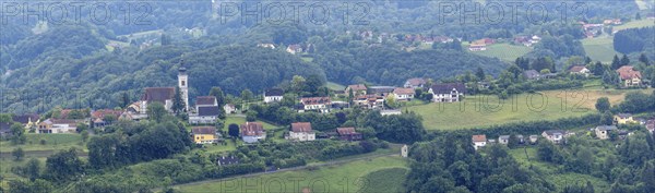 Church in a hilly landscape, Frauenberg pilgrimage church, panoramic view, view from the Kreuzkogel