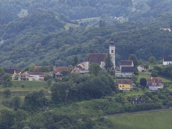 Church in a hilly landscape, Frauenberg pilgrimage church, view from the Kreuzkogel viewing