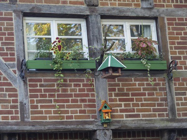 Flower-decorated windows of a half-timbered house with decorative birdhouses, nottuln, münsterland,