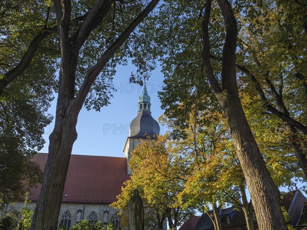 At the beginning of autumn, trees form a frame, in the centre a church with a green steeple under a