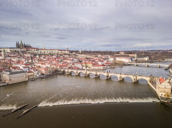 Vltava river, Mala Strana and bridges in Prague bird view panorama