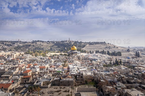 The old town of Jerusalem, the Dome of the Rock and the Mount of Olives in the background