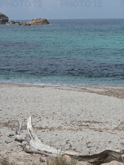 A quiet beach with driftwood in the foreground and the sea and rocks in the background, ajaccio,