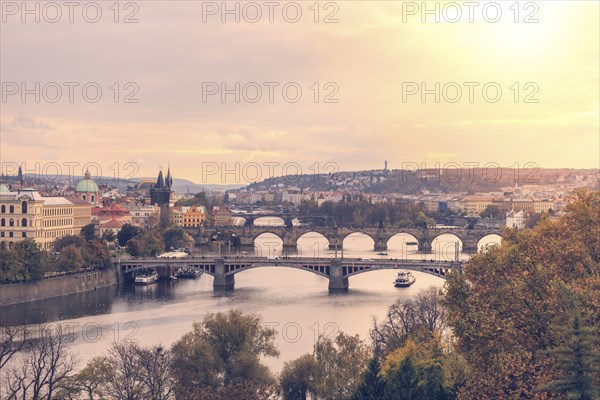 Aerial view from the Bridge tower on Charles Bridge and Prague Castle, Czech Republic, Europe