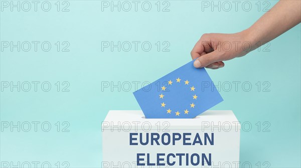 EU election, ballot box, european union flag, blue and yellow stars, citizens of Europe voting