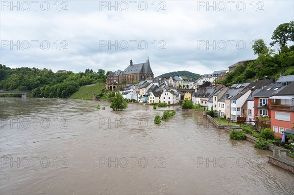 Flood of the river Saar, Saarburg in Saarland, Germany, flooded trees and paths, high water level,