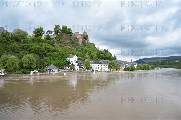 Flood of the river Saar, Saarburg in Saarland, Germany, flooded trees and paths, high water level,