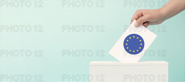 EU election, ballot box, european union flag, blue and yellow stars, citizens of Europe voting