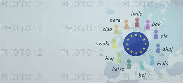 Languages and world map, word hello in different language spoken in Europe, concept of multilingual