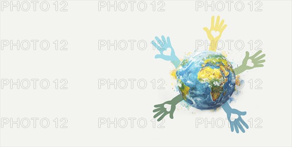 World population day, hand with heart around the globe, international equality, friendship and