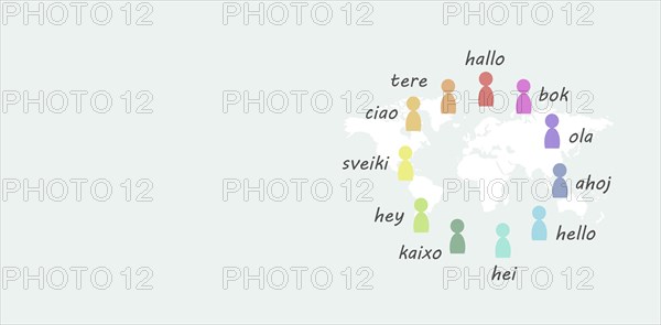 Languages and world map, word hello in different language spoken in Europe, concept of multilingual