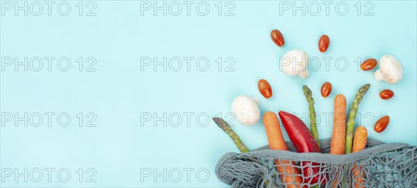 Asparagus sprout, mushrooms, carrots and tomatoes, zero waste, mesh bag with vegetables, shopping