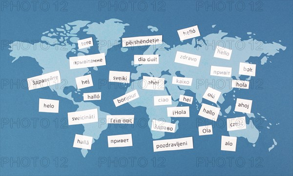Languages and world map, word hello in different language spoken in Europe, concept of multilingual