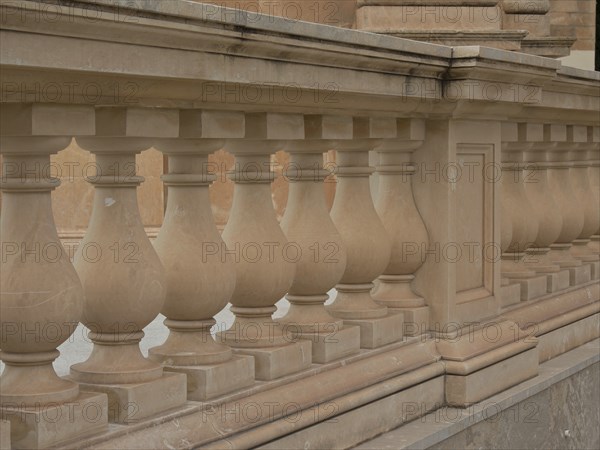 Detail of a classically designed stone balustrade from a building, marsaxlokk, mediterranean sea,