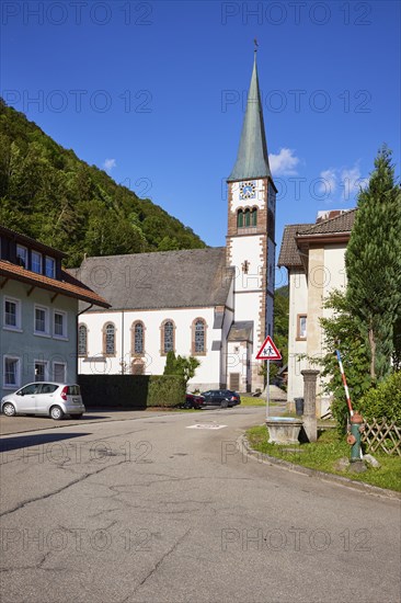 Church of St Wendelin against a blue sky in the historic district of Geschwend, Todtnau, Black