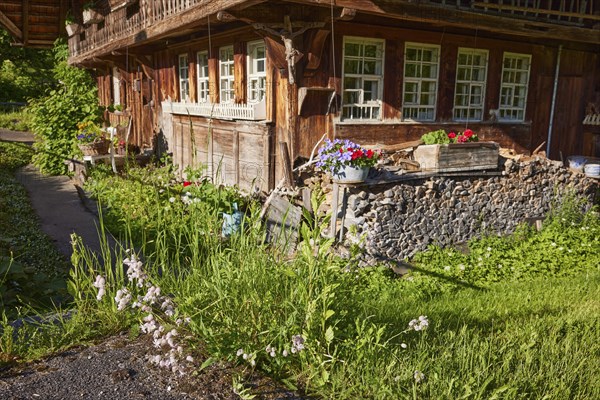 Details of an old Black Forest house with woodpile, windows and planters from a frog's-eye view