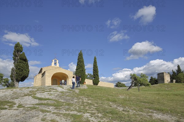Chapelle Saint-Sixte, chapel with cypresses and tower, Eygalières, Alpilles, Alpilles,
