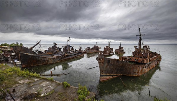 Dilapidated shipwrecks in the sea under a cloudy sky, gloomy and melancholic atmosphere, symbolic