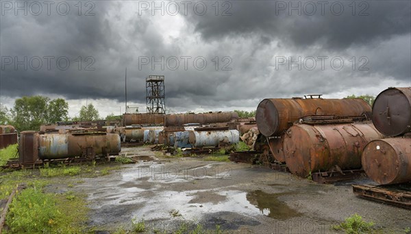 Rusty tanks and pipes in an abandoned junkyard under a cloudy sky, symbol photo, AI generated, AI