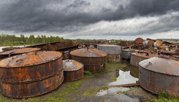 Rusty tanks on a scrap yard, surrounded by green meadow and cloudy sky, symbol photo, AI generated,