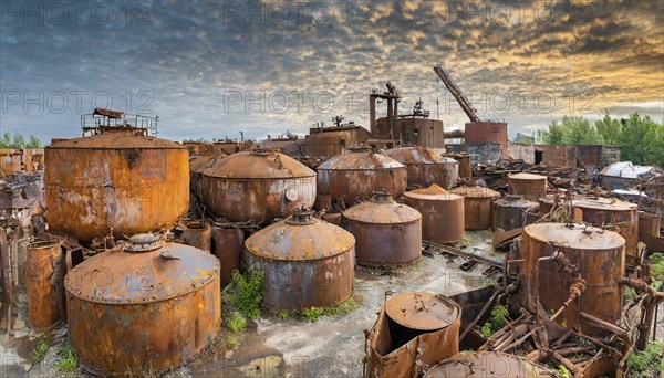 Rusty tanks in a junkyard under a cloudy evening sky, symbol photo, AI generated, AI generated