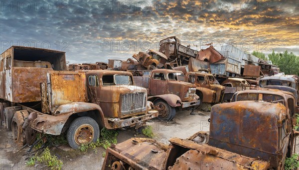 A collection of rusty lorries in a scrapyard, with a dramatic sky in the background, symbol photo,